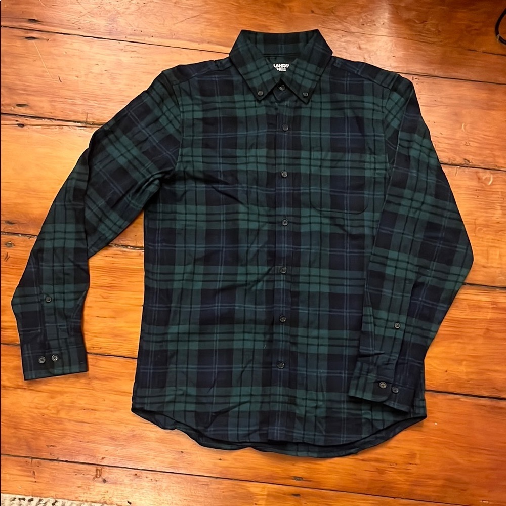 Lands' End Men's Green and Blue Plaid Shirt